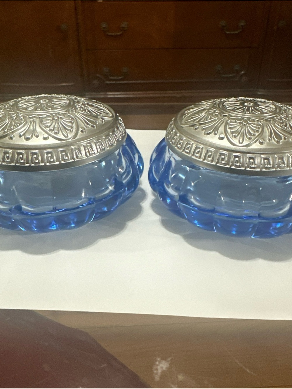 Pair of Royal Doulton Blue Glass Vanity Jar With Silver Tone Lid